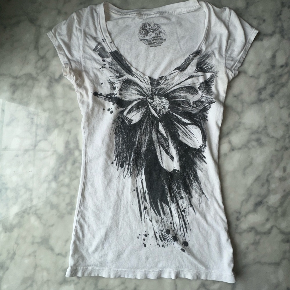 Y2k Stranded White Scoop Neck Tee with Black Floral Brushprint